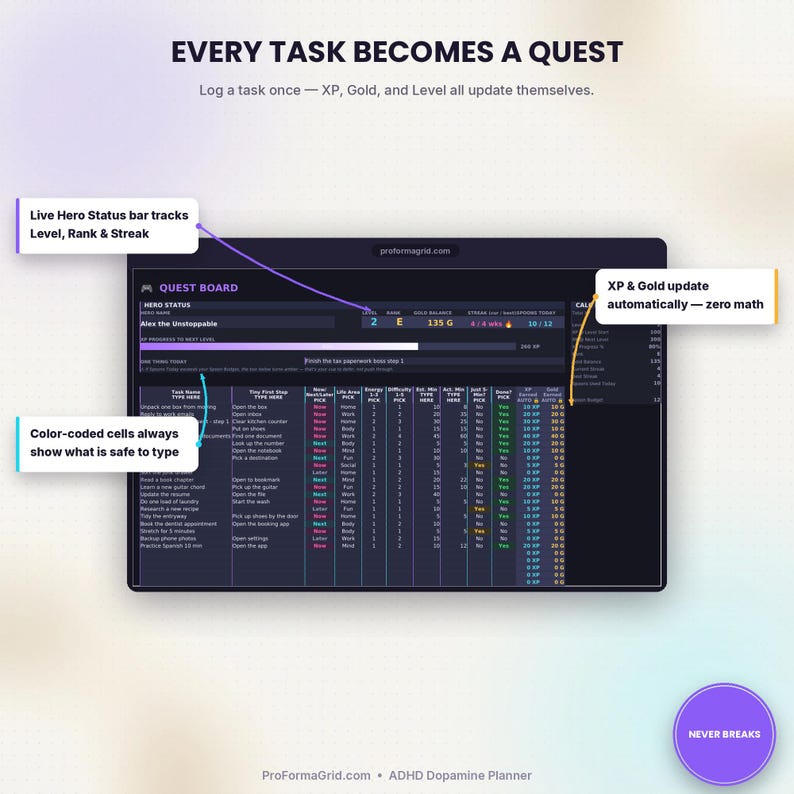 Quest Board tab turning daily to-do tasks into RPG quests, with automatic XP and Gold tracking in this ADHD Google Sheets and Excel planner.