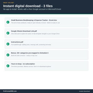 What's included with the Small Business Bookkeeping and Expense Tracker template: Excel workbook, Google Sheets download link PDF, and a full instructions PDF, one-time purchase with lifetime access