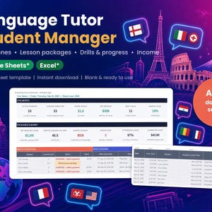 Language tutor student manager spreadsheet for Google Sheets and Excel with time zones, lesson packages, drills and progress tracking and income dashboard