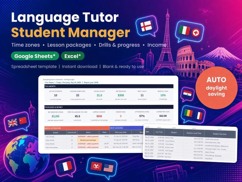 Language tutor student manager spreadsheet for Google Sheets and Excel with time zones, lesson packages, drills and progress tracking and income dashboard