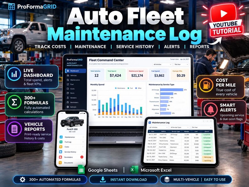 Fleet Maintenance Log Spreadsheet, Vehicle Service & Fuel Tracker (Digital Download) image 1