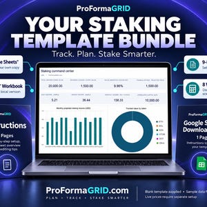 以下が含まれることがあります： ProFormaGRIDステーキングテンプレートバンドル。ノートパソコンには、財務データ、グラフ、ドーナツチャートを備えたステーキングコマンドセンターダッシュボードが表示されています。9ページの取扱説明書とGoogleスプレッドシートのダウンロードリンクドキュメントが含まれています。