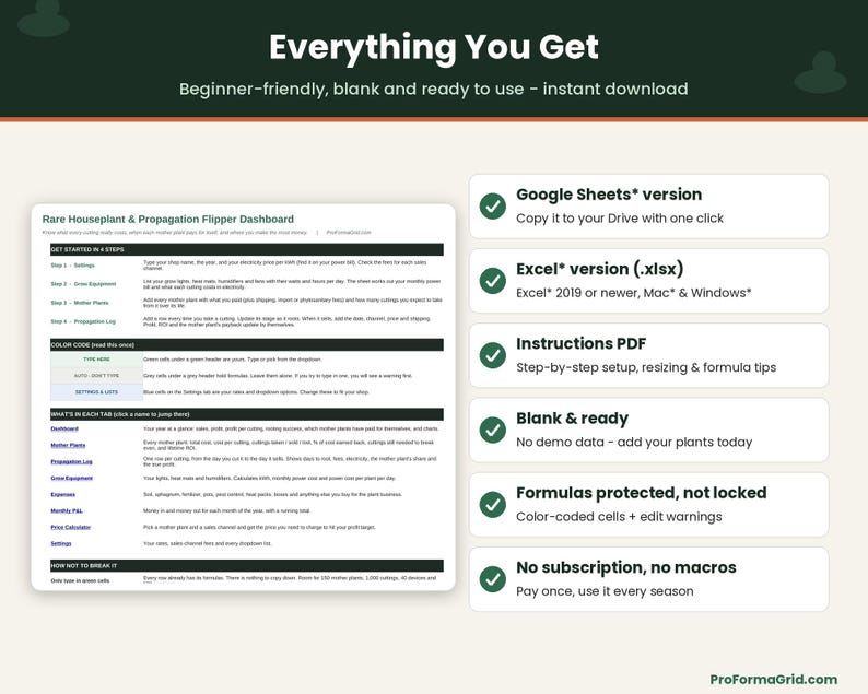 What's included: Google Sheets* version, Excel* .xlsx version, Instructions PDF, blank template, color-coded formula protection, no subscription or macros.