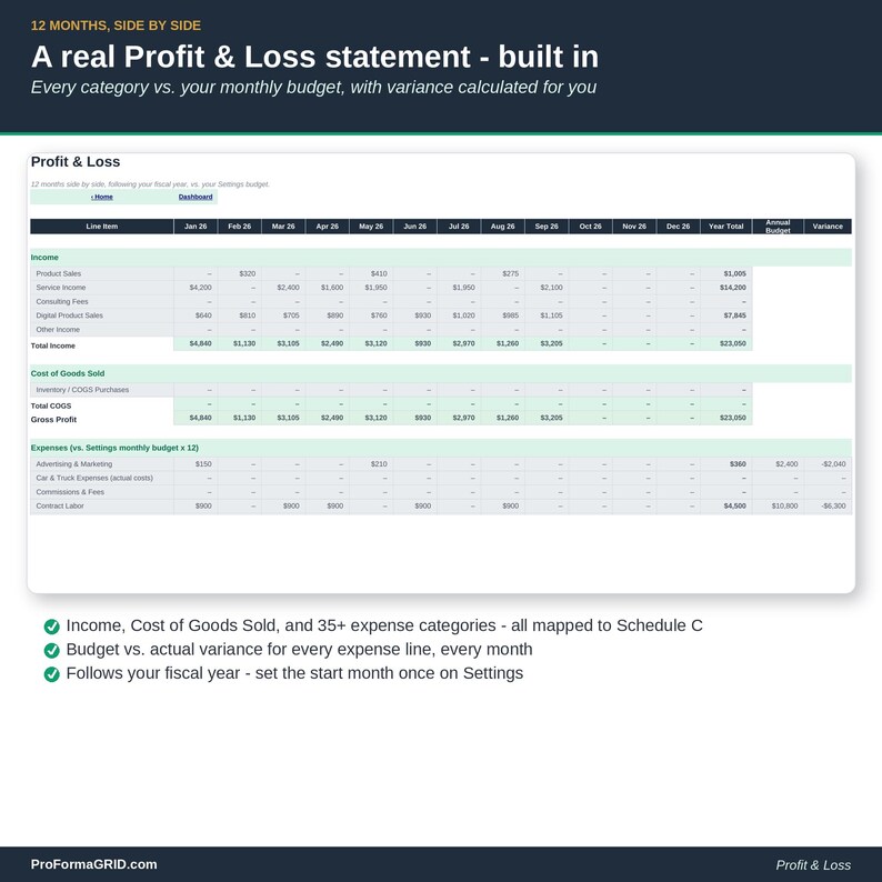 Profit and Loss tab showing 12 months plus a year total, broken out by income, cost of goods sold, gross profit, expenses, net profit and margin, with budget vs actual