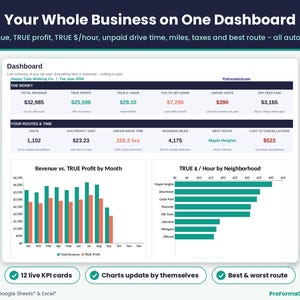 Pet care business dashboard with 12 KPI cards for revenue, true profit, hourly rate, tax set-aside, unpaid drive time and business miles, plus monthly and neighborhood charts.