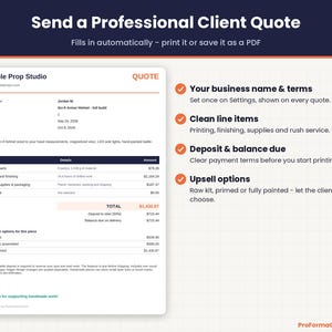Printable cosplay commission client quote with line items, deposit, balance due, finish options and terms, filled in automatically.