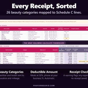 Expense log with beauty categories mapped to Schedule C lines and receipt check