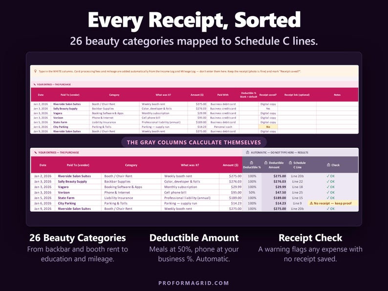 Expense log with beauty categories mapped to Schedule C lines and receipt check