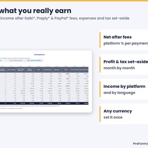 Online teacher income sheet: monthly lessons, hours, money received, platform fees, expenses, profit and tax set-aside, plus income by platform and language.
