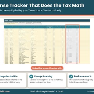 In-home daycare expense tracker with 24 categories, receipt tracking, business-use percent and automatic Time-Space deductible amounts for tax time.