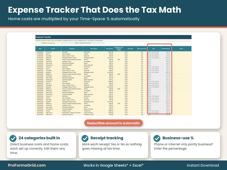 In-home daycare expense tracker with 24 categories, receipt tracking, business-use percent and automatic Time-Space deductible amounts for tax time.
