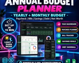 Annual Budget Planner Spreadsheet, Monthly Tracker, Debt Snowball (Google Sheets & Excel)