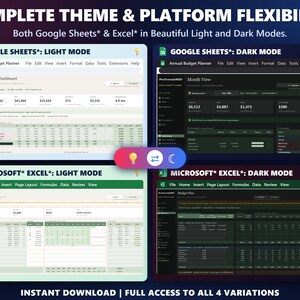 Budget template shown in Google Sheets and Excel, each in light mode and dark mode.