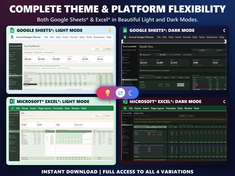 Budget template shown in Google Sheets and Excel, each in light mode and dark mode.