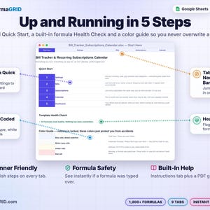 Start Here tab of a bill tracker spreadsheet with a 5-step quick start, formula health check and color guide for input and formula cells.