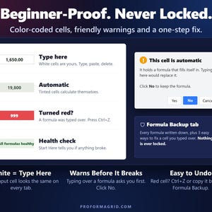 Beginner-proof color system: white cells to type, tinted automatic cells, a red alert for overwritten formulas and a warning popup.
