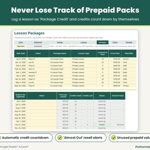 Prepaid lesson package tracker with automatic credit countdown, unused credit balance, and expiring package alerts.
