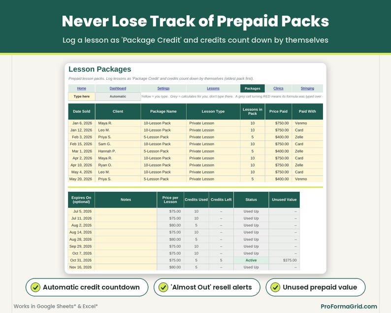 Prepaid lesson package tracker with automatic credit countdown, unused credit balance, and expiring package alerts.