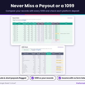Payout reconciliation and 1099 checking tab matching actual bank payouts against platform reports and flagging missing 1099 forms.
