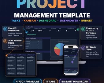 Project Management Template, Gantt Chart, Kanban Board, Task Tracker (Google Sheets, Excel)