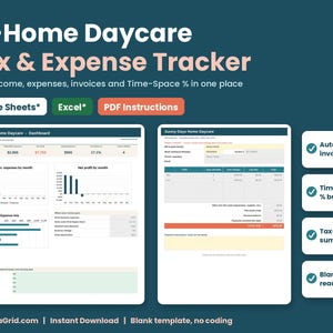 In-Home Daycare Tax & Expense Tracker spreadsheet for Google Sheets* and Excel* with PDF instructions, showing the dashboard and weekly parent invoice. Blank template, instant download from ProFormaGrid.com.