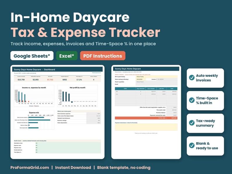 In-Home Daycare Tax & Expense Tracker spreadsheet for Google Sheets* and Excel* with PDF instructions, showing the dashboard and weekly parent invoice. Blank template, instant download from ProFormaGrid.com.