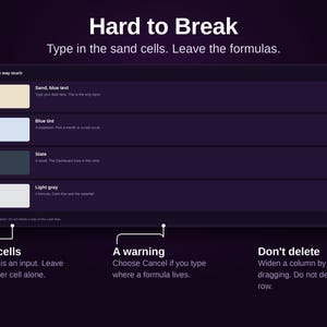 May include: A digital interface guide titled Hard to Break with instructions to type in sand cells and leave formulas. It displays a table with four colour-coded rows labelled Sand, blue text, Blue tint, Slate, and Light grey, with additional text instructions below.