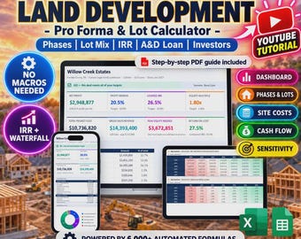 Land Development Pro Forma Spreadsheet, Subdivision Feasibility & IRR Calculator (Google Sheets and Excel), 72 Month Developer Cash Flow