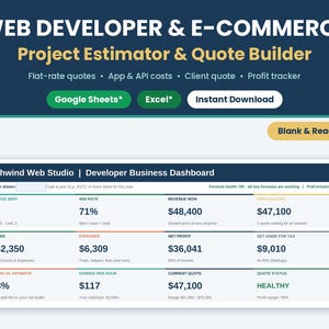 Custom Theme Developer and E-Commerce Estimator thumbnail showing Google Sheets* and Excel* badges with a financial dashboard preview.