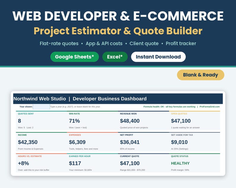 Custom Theme Developer and E-Commerce Estimator thumbnail showing Google Sheets* and Excel* badges with a financial dashboard preview.