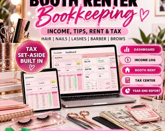 Booth Renter Bookkeeping, Income, Tips, Rent, Tax Tracker (Excel/Google Sheets)