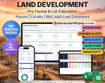 Land Development Pro Forma Spreadsheet, Subdivision Feasibility & IRR Calculator (Google Sheets and Excel), 72 Month Developer Cash Flow