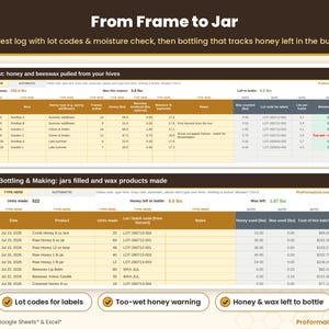Harvest yield and bottling log showing lot codes, moisture percentages, and bulk honey extraction numbers.