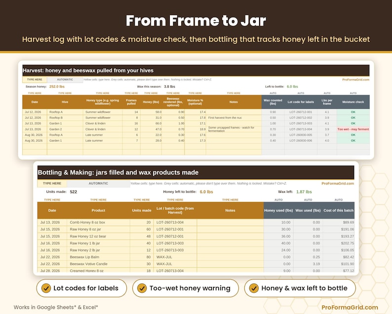 Harvest yield and bottling log showing lot codes, moisture percentages, and bulk honey extraction numbers.