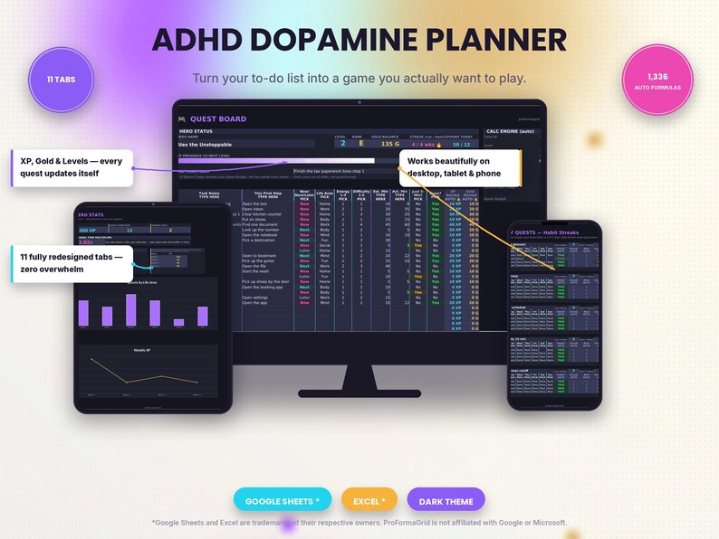 ADHD Dopamine Gamified Planner for Google Sheets and Excel: dark neon RPG template, 11 tabs, 1,336 formulas, shown on iMac, iPad, and iPhone.