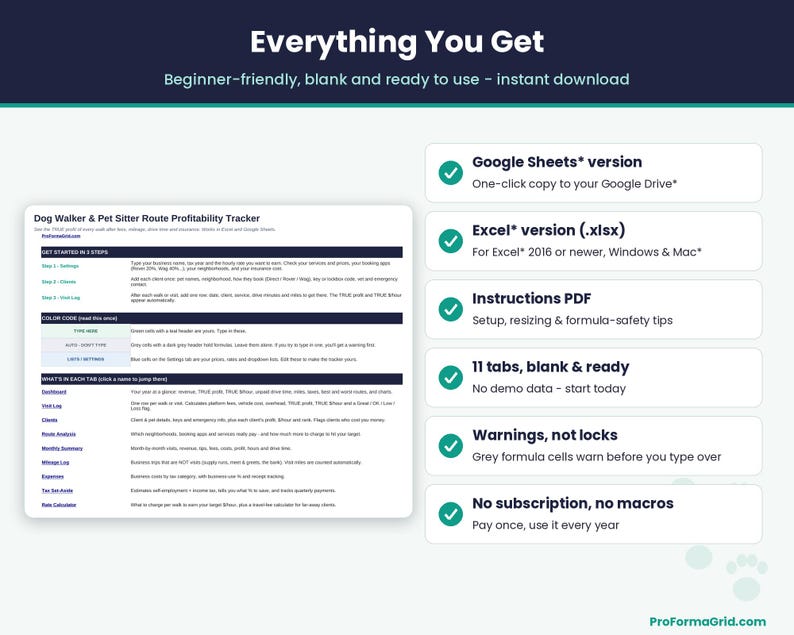 What's included: Google Sheets* version, Excel* file, Instructions PDF, 11 blank tabs, overwrite warnings, no subscription or macros.