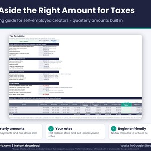 Self-employed influencer tax set-aside calculator spreadsheet with quarterly estimated tax amounts and editable tax rates