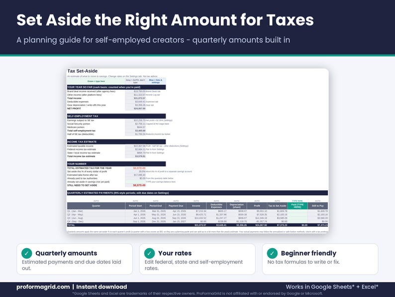 Self-employed influencer tax set-aside calculator spreadsheet with quarterly estimated tax amounts and editable tax rates
