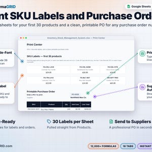 Print center with printable SKU label sheets for barcode fonts and a printable supplier purchase order that fills in from the purchases log.