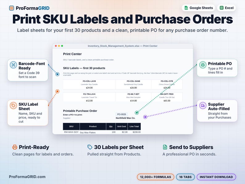 Print center with printable SKU label sheets for barcode fonts and a printable supplier purchase order that fills in from the purchases log.