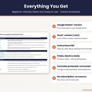 What's included: Google Sheets version, Excel version and Instructions PDF, plus the Start Here tab of the 3D print pricing spreadsheet.
