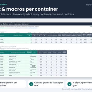 Meal Prep Builder tab showing cost, protein, carbs, fat and cooked grams per meal prep container for each batch.