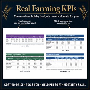 Real farming KPI tab showing cost to raise, average daily gain and feed conversion ratio, yield per square foot and mortality and cull rate
