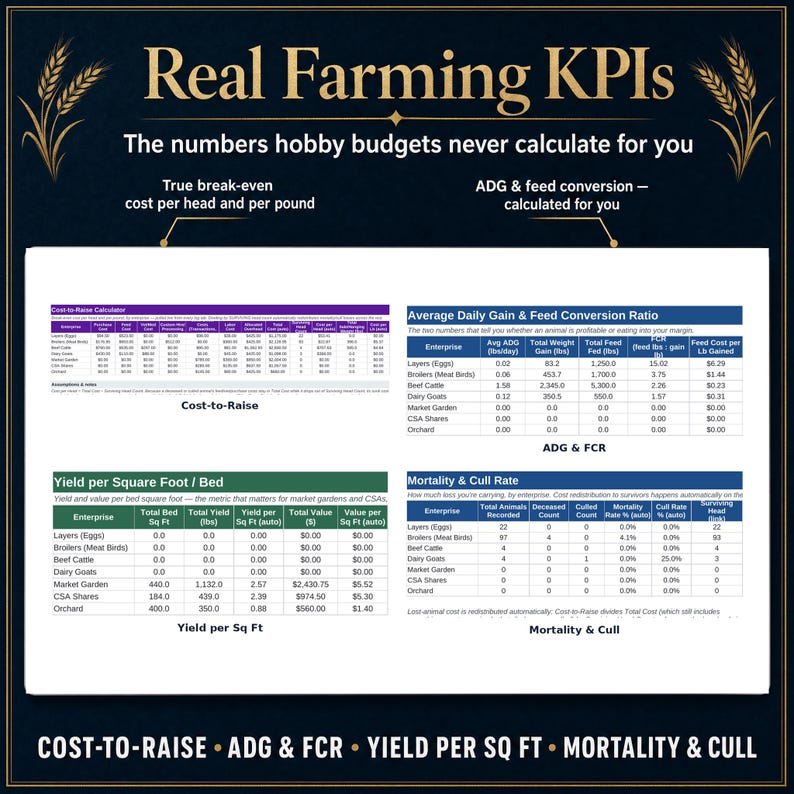 Real farming KPI tab showing cost to raise, average daily gain and feed conversion ratio, yield per square foot and mortality and cull rate