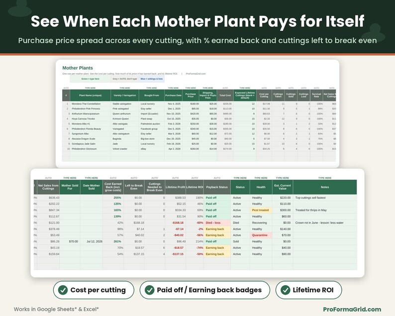 Rare houseplant inventory sheet tracking mother plant cost, cost per cutting, cuttings sold and lost, percent of cost earned back, cuttings to break even and payback badges.