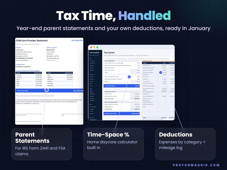 Year-end child care provider tax statement listing monthly parent payments for IRS Form 2441, next to a Tax Center tab with a Time-Space percentage calculator, expenses by category and mileage deduction.