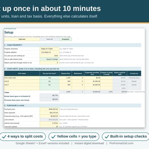 Setup tab of the multi-family rental spreadsheet with unit sizes, split method, rental share percentage, loan details and tax basis inputs