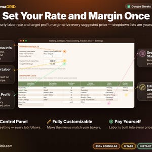 Settings tab to set hourly labor rate, target profit margin, business info and editable dropdown lists for the bakery pricing template