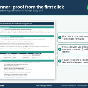 Start Here guide of the nonprofit tracker explaining blue cells to type in, gray formula cells, and 7 quick setup steps.
