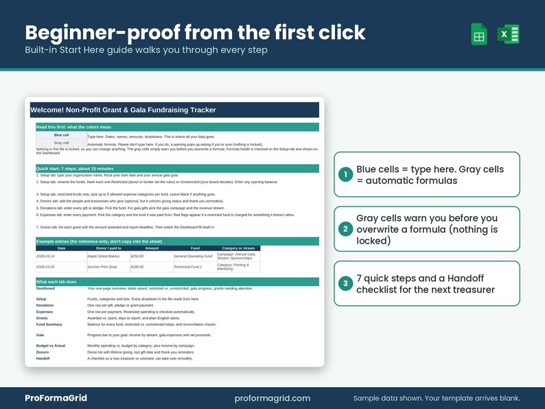Start Here guide of the nonprofit tracker explaining blue cells to type in, gray formula cells, and 7 quick setup steps.